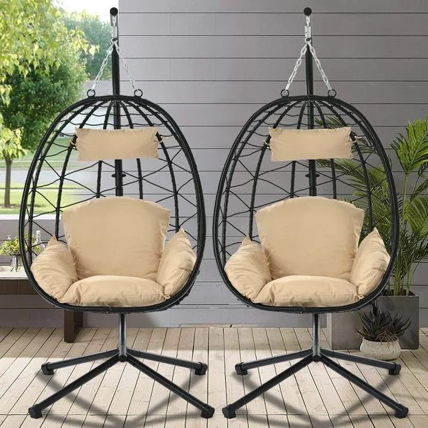 2 Piece Egg Chair, Outdoor Wicker Egg Chair with Stand, Patio Swing Chair Hammock Basket Chair wi... | Walmart (US)