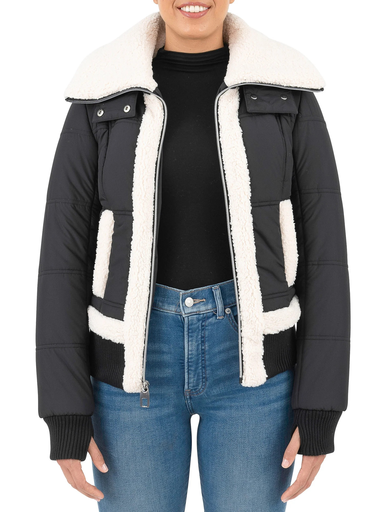 Cyn & Luca Women's Sustainable Bomber Jacket with Sherpa Trim - Walmart.com | Walmart (US)