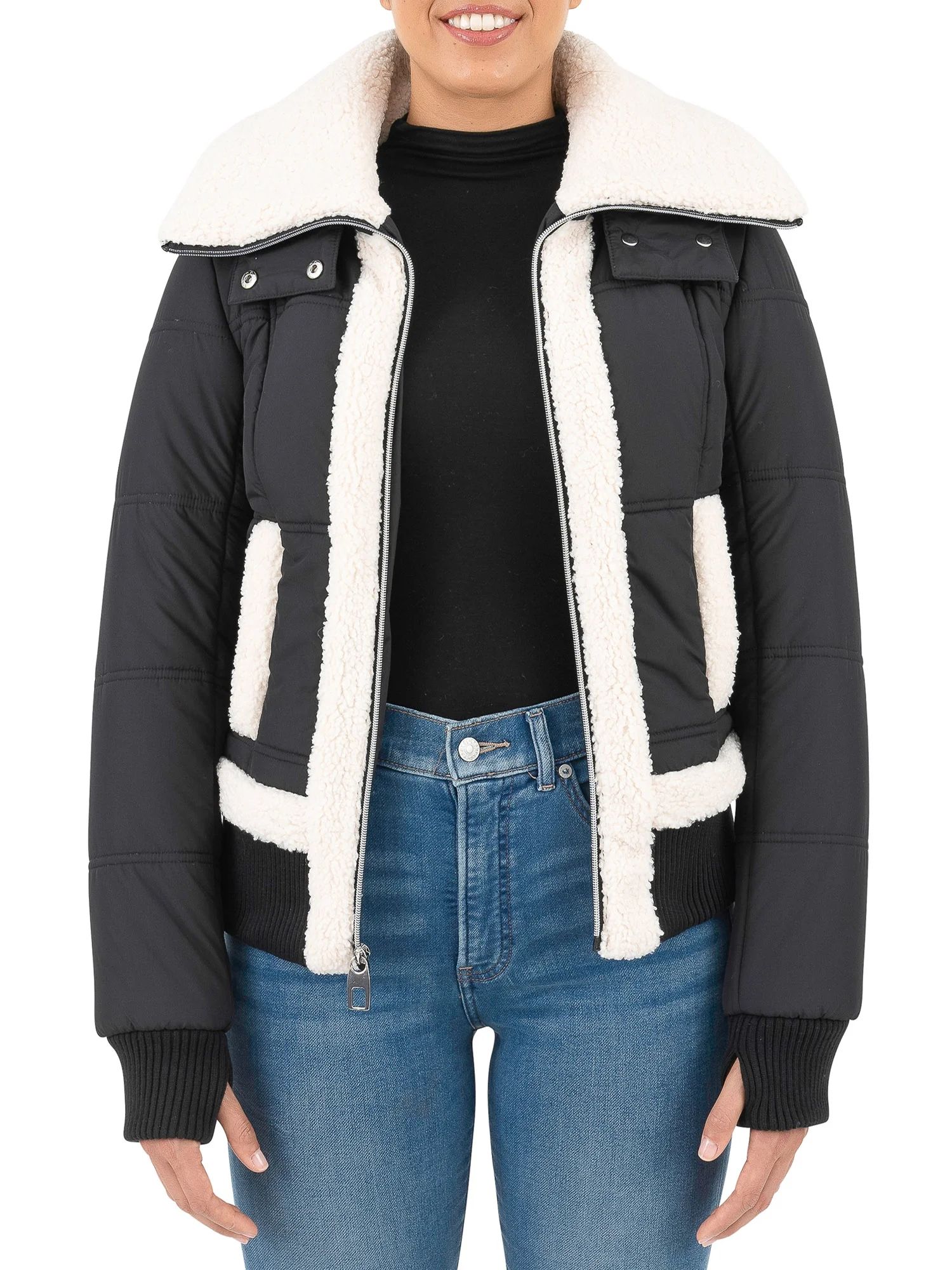 Cyn & Luca Women's Sustainable Bomber Jacket with Sherpa Trim | Walmart (US)