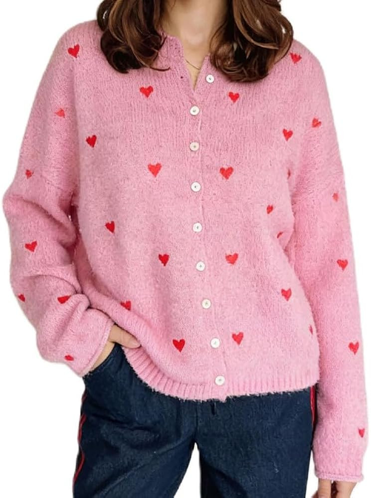 Women Valentine’s Day Heart Sweater Cardigan Cute Long Sleeve Open Front Knitted Outwear Holida... | Amazon (US)