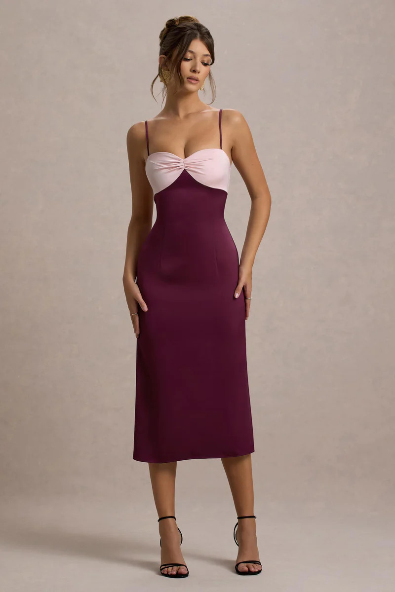 Andretti  Burgundy & Pink Satin Strappy Midi Dress | Club L London