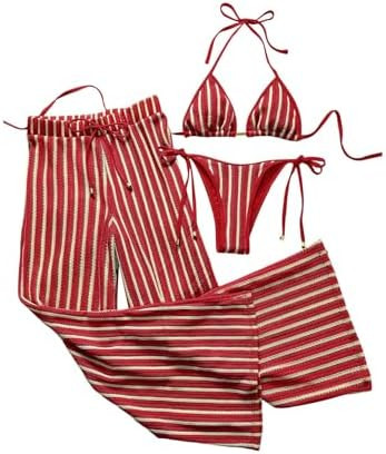 Verdusa Women's 3 Piece Cheeky Striped Crochet Bikini Set Halter Tie Side Swimsuits with Cover Up... | Amazon (US)