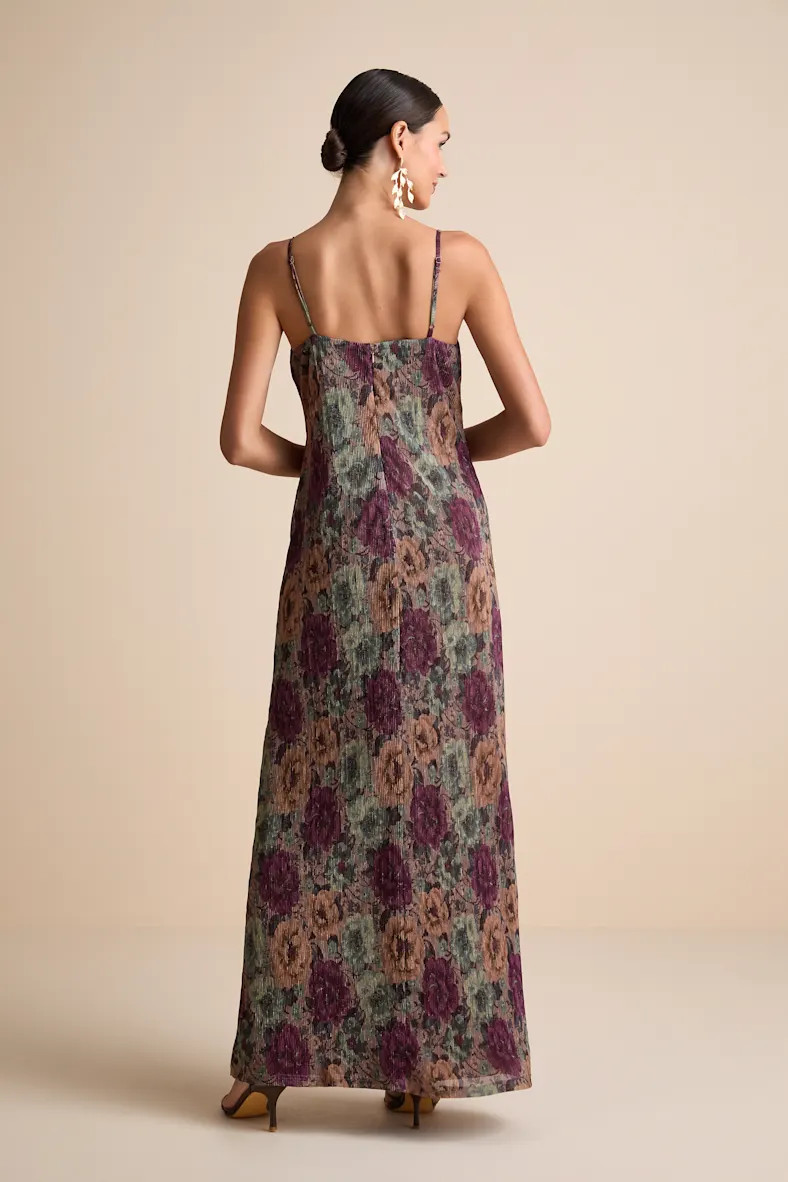 Kendlyn Taupe Multi Floral Plisse Maxi Dress | Lulus