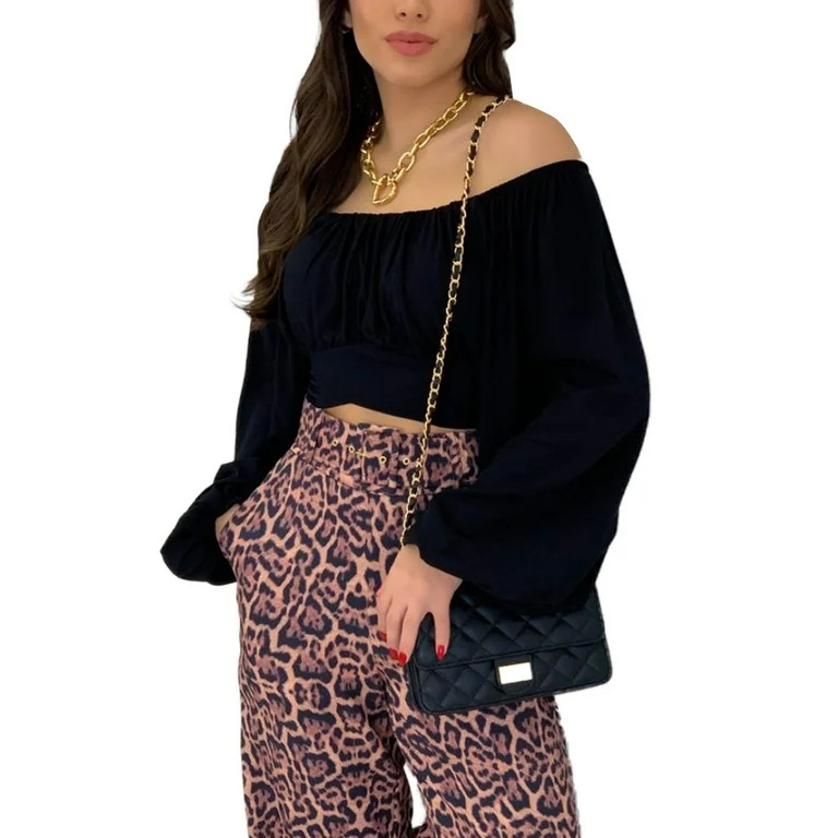 Ma&Baby Women's Off Shoulder Crop Tube Tops Long Puff Sleeve Tie Knot Back Ruched T-Shirts Blouse | Walmart (US)