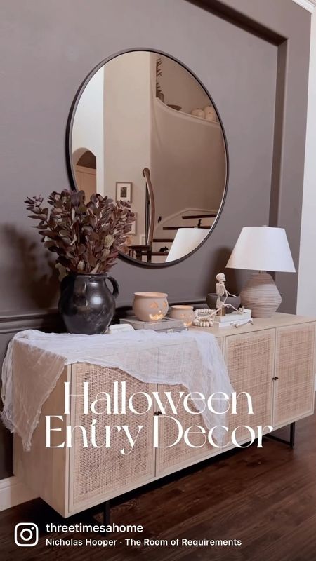 Halloween decor, cane entryway console table, round mirror 

#LTKsalealert #LTKhome #LTKHalloween