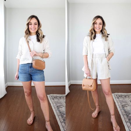 White t-shirt six ways 

Outfits from left
Outfit 1
Denim shorts: 25 
Madewell top: xxs 
Splendid cardigan: xxs 
Tkees sandals: size up if in between sizes 
Madewell bag 

Outfit 2: 
J.crew top: petite xxs 
Madewell top: xxs 
J.crew shorts: xxs (run large) 
Tkees sandals: size up if in between sizes 
Polene bag (unable to link)

My measurements for reference: 4’10” 105lbs bust, waist, hips 32”, 24”, 35” size 5 shoe 

#LTKstyletip #LTKSeasonal