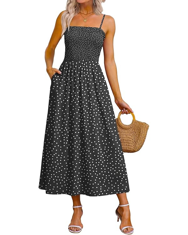 OFEEFAN Womens Spaghetti Strap Maxi Dresses Smocked with Pockets 2026 Summer Spring Casual Boho B... | Amazon (US)