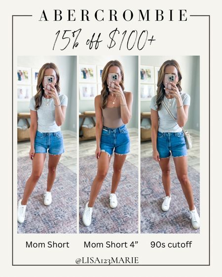 Abercrombie curve love mom shorts. Abercrombie curve love 90s cutoff shorts. Abercrombie denim shorts. Favorite bodysuit on sale. Essential baby t-shirt (XS). Favorite white sneakers (size down if you are a half size). I prefer curve love in the denim sheets but will link regular version at the bottom. Wearing 24 in each. 

#LTKunder100 #LTKshoecrush #LTKstyletip