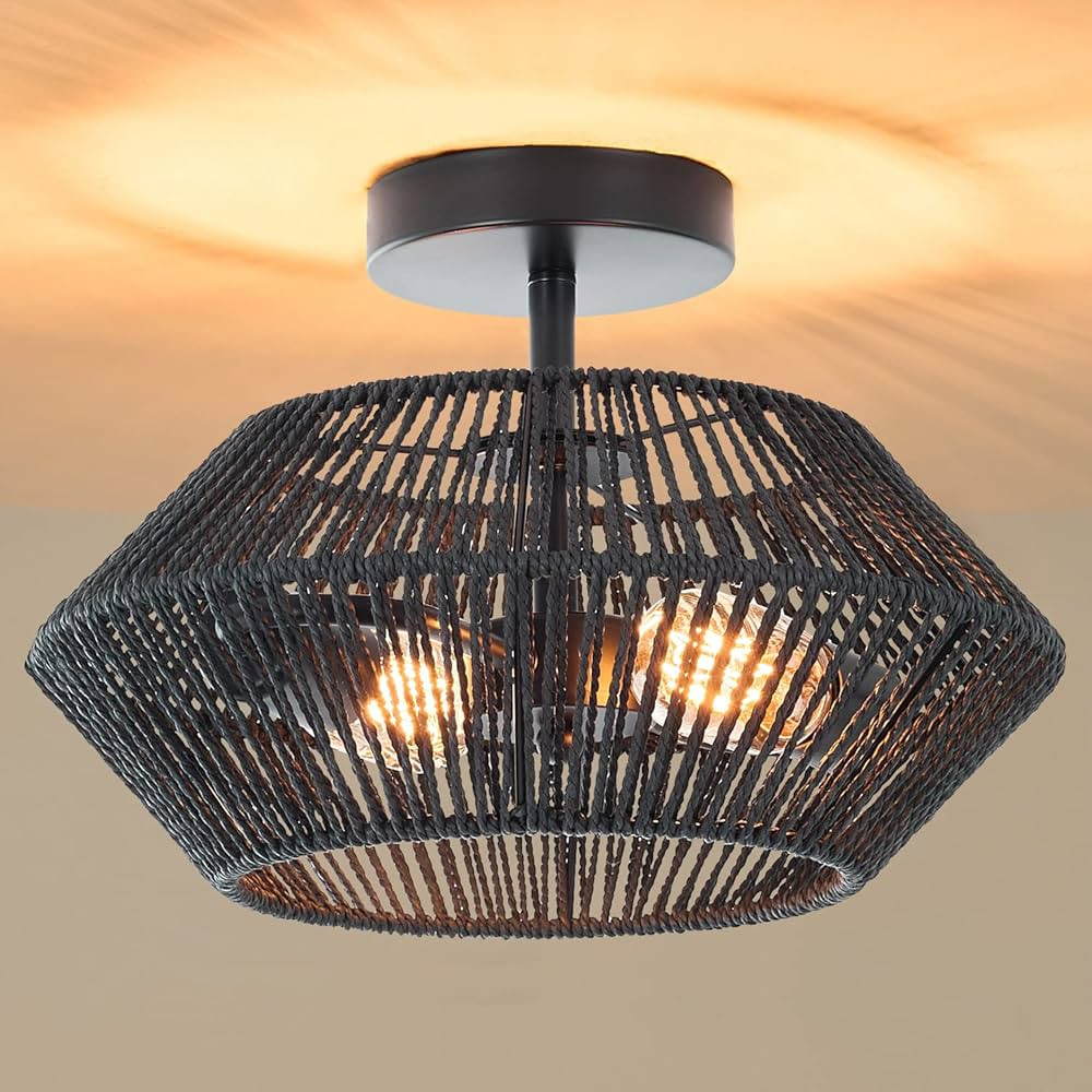 2-Lights Woven Rattan Ceiling Light Fixture, Black Farmhouse Hand-Woven Cage Semi Flush Mount Cei... | Amazon (US)