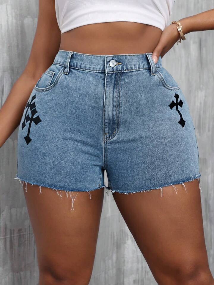 SHEIN SXY Plus Size Cross Printed Frayed Hem Denim Shorts With Pockets And Buttons | SHEIN USA | SHEIN
