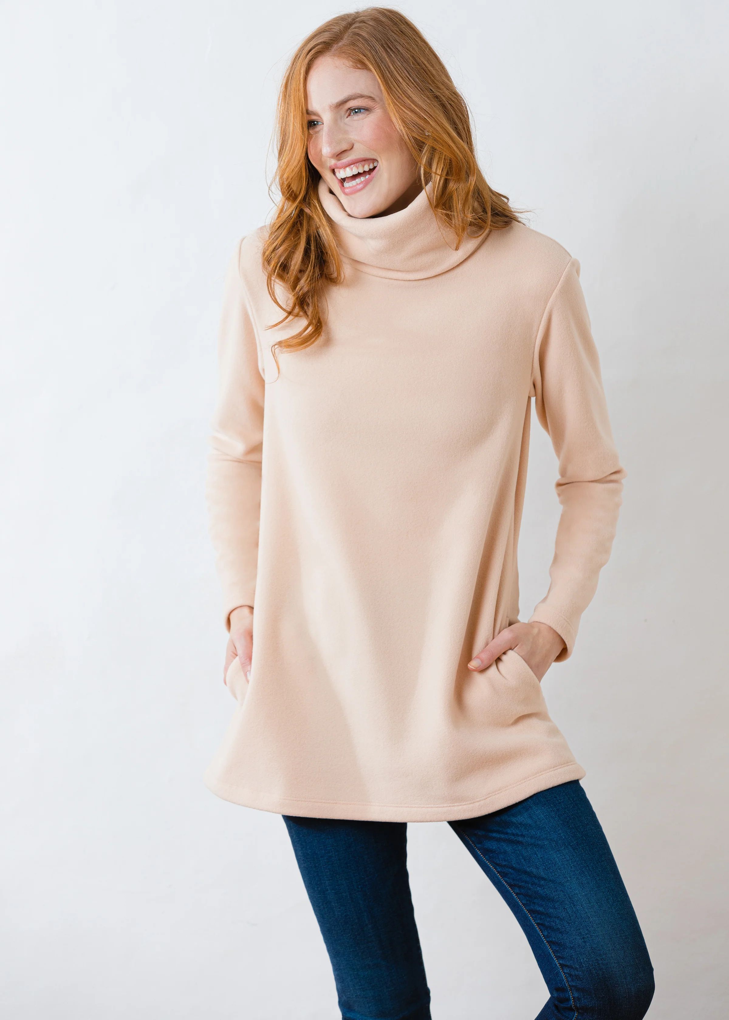 Double Roll Neck Cobble Hill in Vello Fleece (Natural Blush) | Dudley Stephens