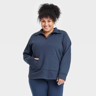 Women's Fleece 1/2 Zip Legging Friendly Pullover Sweatshirt - All In Motion™ Navy Blue 1X | Target