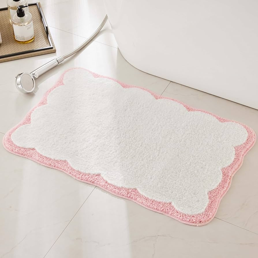 Luxury Microfiber Bathroom Rugs, White Bath Rug with Pink Scalloped Piping Cute Aesthetic Girly B... | Amazon (US)