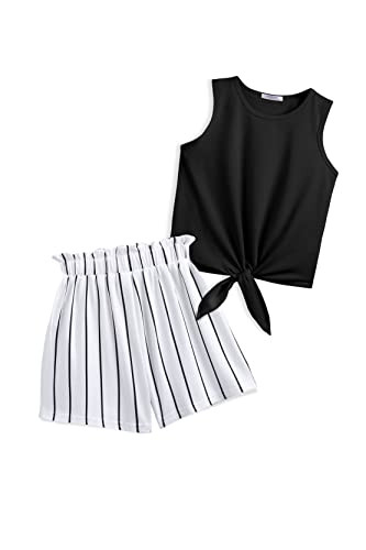 Arshiner Girl's 2 Piece Outfits Summer Tie Knot Tank Top and Paperbag Waist Pocketed Short Sets | Amazon (US)