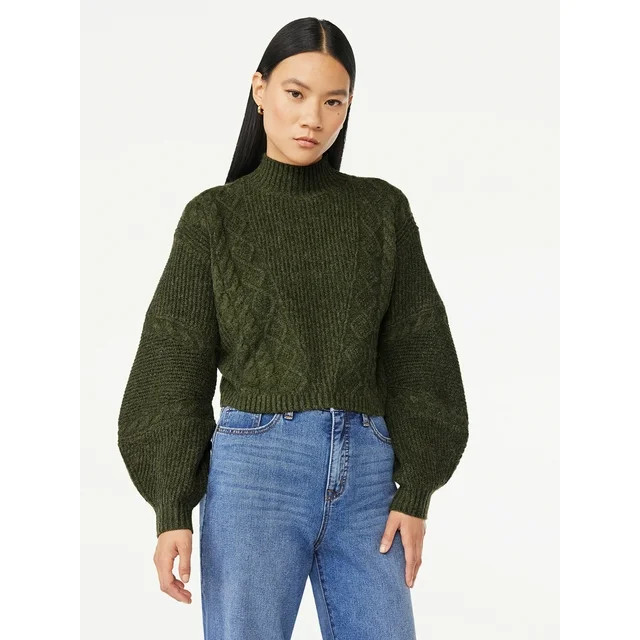 Scoop Women's Crop Cable Pullover Sweater with Long Sculpted Sleeves, Sizes XS-XXL | Walmart (US)