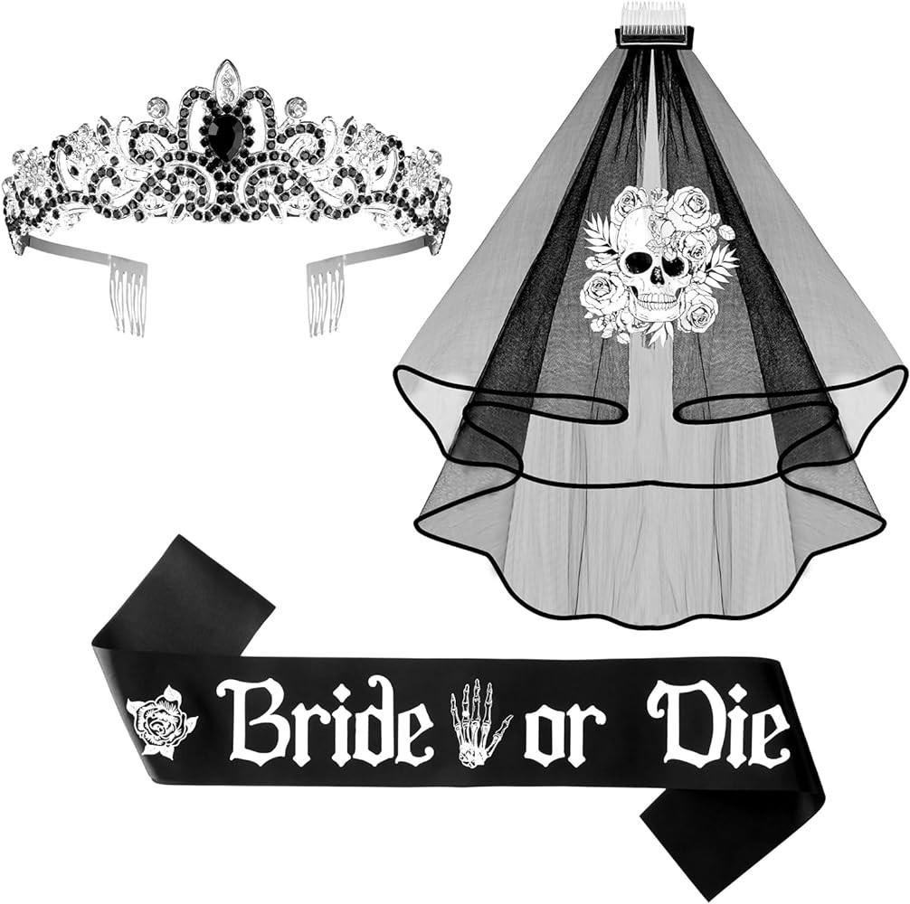 3 Pcs Black Bride Veil Bride or Die Sash Bachelorette Party Decorations Crystal Bride Tiara Bride... | Amazon (US)