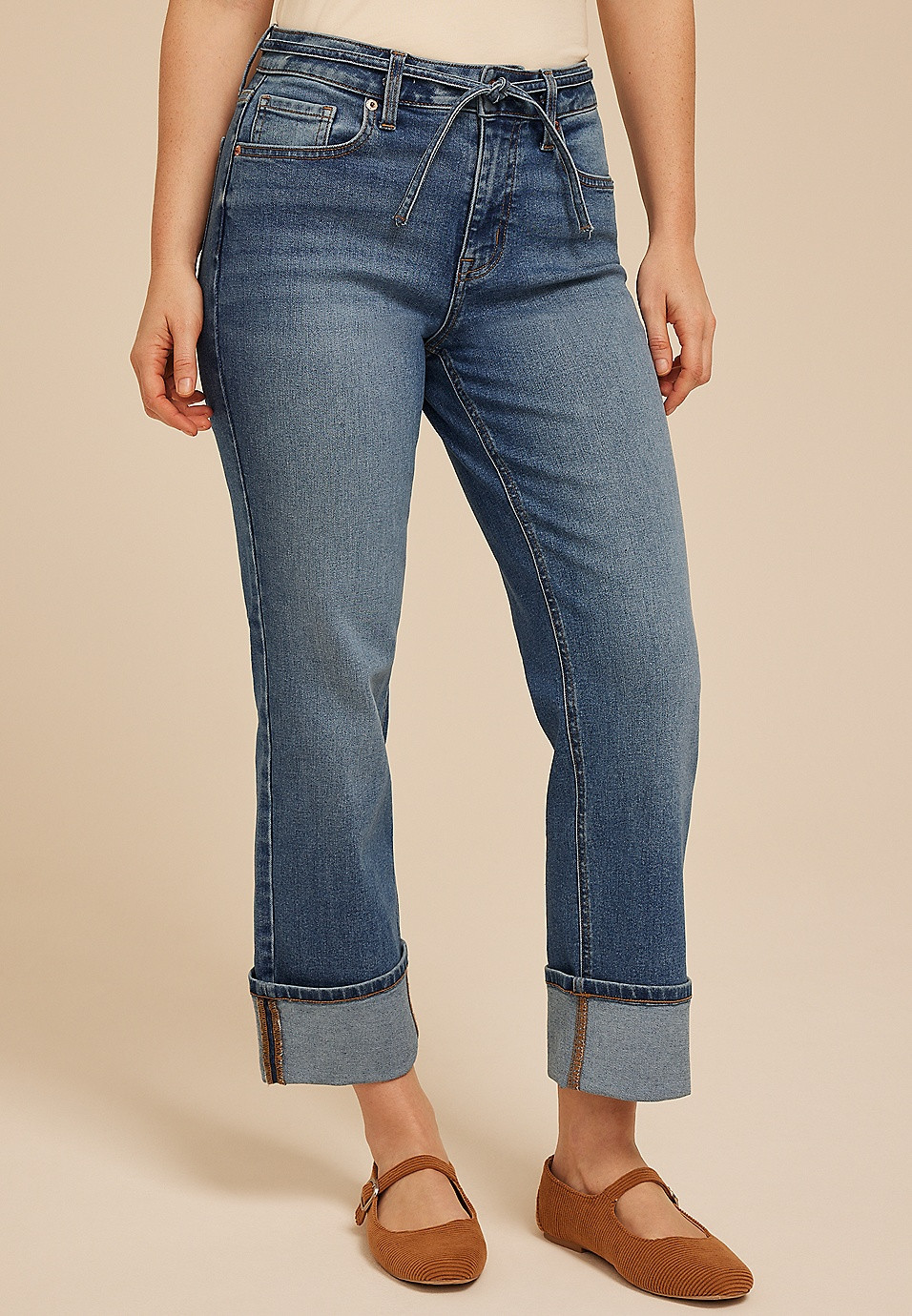 m jeans by maurices™ High Rise Tie Waist Relaxed Straight Ankle Jean | Maurices