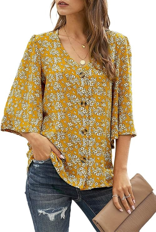 Ecrocoo Women's Casual 3/4 Tiered Bell Sleeve V Neck Print Button Down Loose Tops Blouses Shirt | Amazon (US)