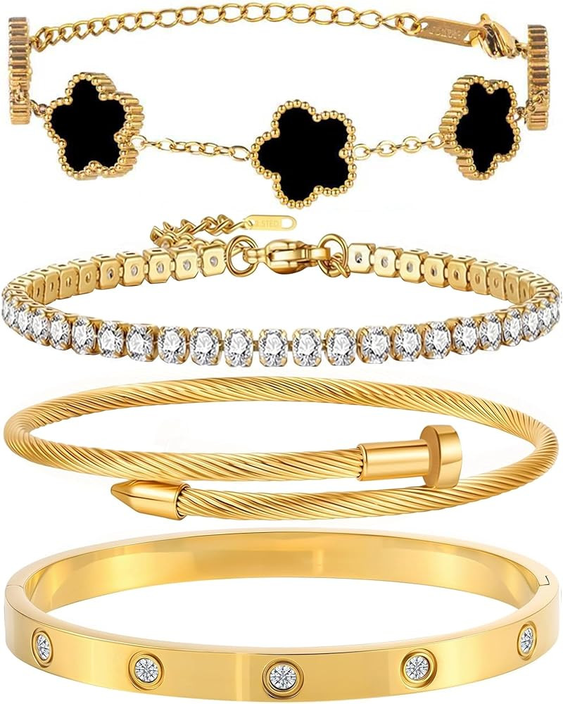 18K Gold Plated Nail Love Bangle Bracelet Set for Women Stackable Floral Clover Adjustable Tennis... | Amazon (US)