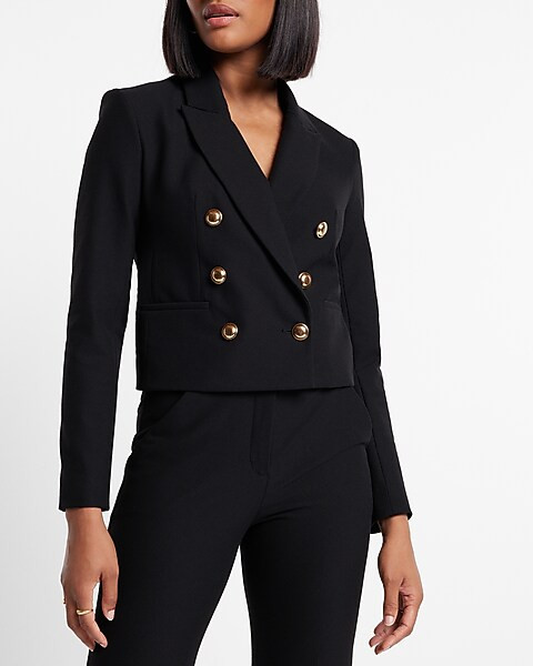 Peak Lapel Double Breasted Novelty Button Cropped Blazer | Express