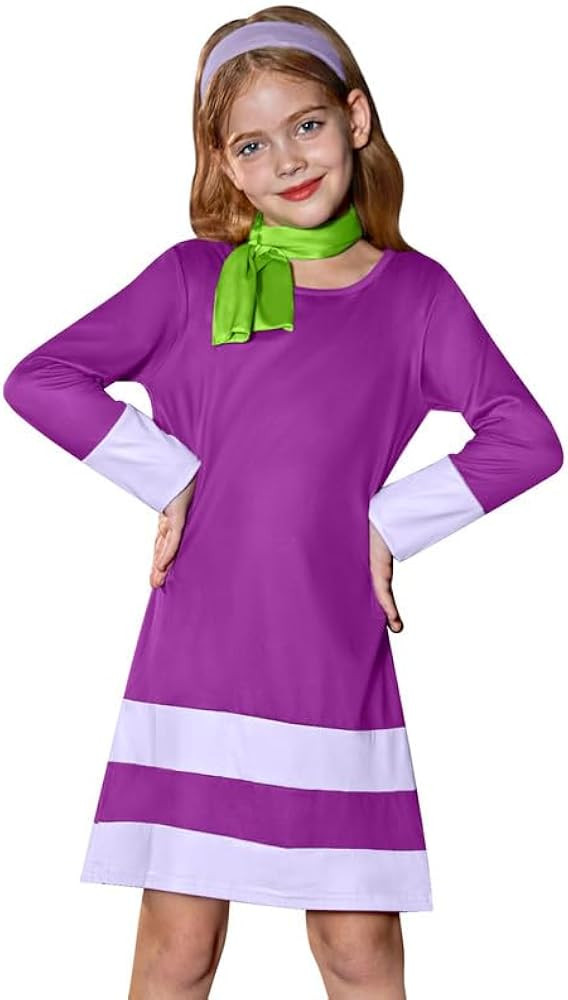 BesserBay Halloween Big Girls Clothes Purple Long Sleeve Midi Dress with Scarf and Headband 4-12 ... | Amazon (US)