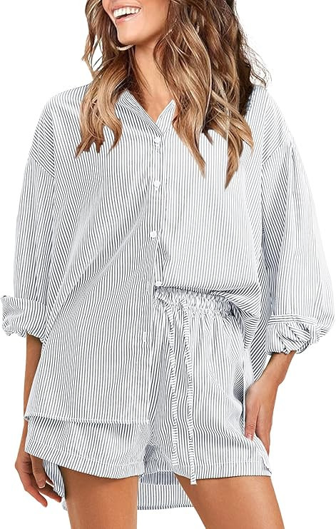 EXLURA Women's Cotton Summer 2 Piece Sets Long Sleeve Button Down Shirts Matching Short Sets Beac... | Amazon (US)