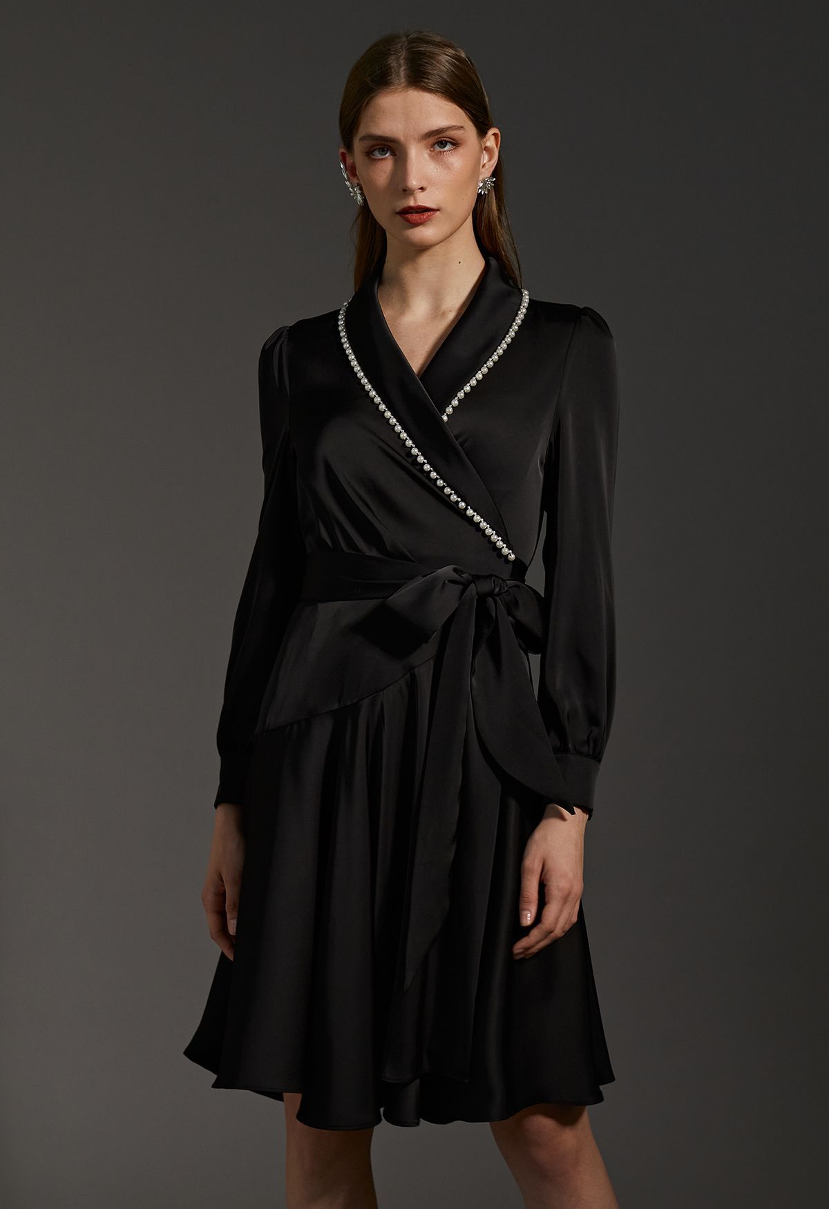 Pearl Trim Wrapped Satin Midi Dress in Black | Chicwish