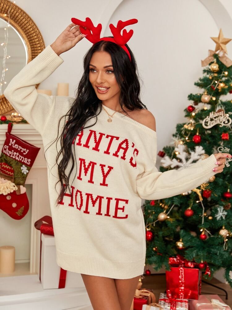 Christmas Slogan Graphic One Shoulder Sweater | SHEIN