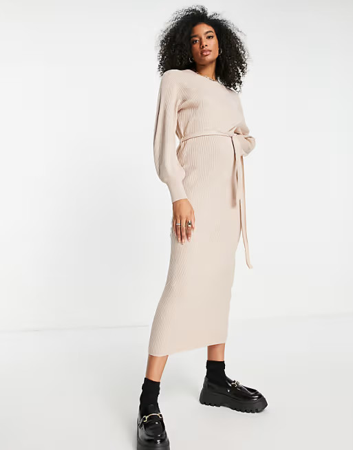 Pretty Lavish tie waist knitted midaxi dress in dusky pink | ASOS (Global)