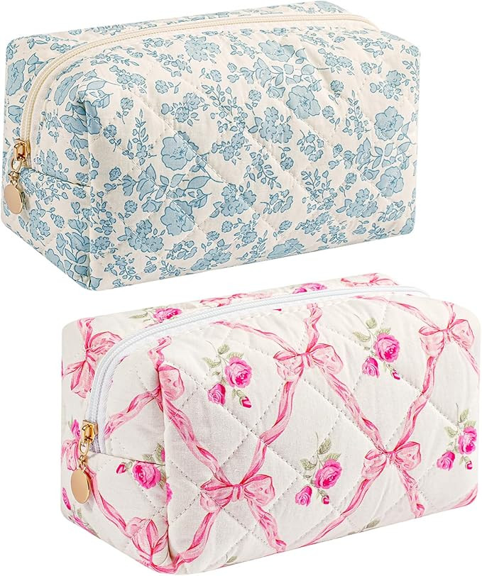Gleyemor 2 Pieces Quilted Makeup Bag, Cute Floral Cosmetic Bag for Women, Cotton Make Up Bag Set,... | Amazon (US)
