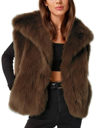 Flygo Womens Faux Fur Vest Fuzzy Lapel Collar Sleeveless Jackets Winter Warm Fluffy Open Front Shaggy Outerwear Vests(Brown-L) | Amazon (US)