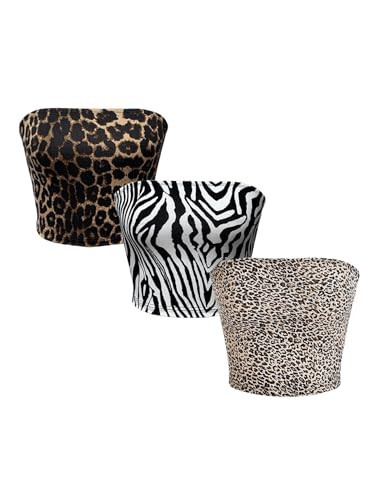 BEAUDRM Women's Y2K 3pcs Set Animal Print Tube Tops Tight-Fit Leopard Print Crop Top Strapless Cheetah Print Crop Multicolor Medium | Amazon (US)