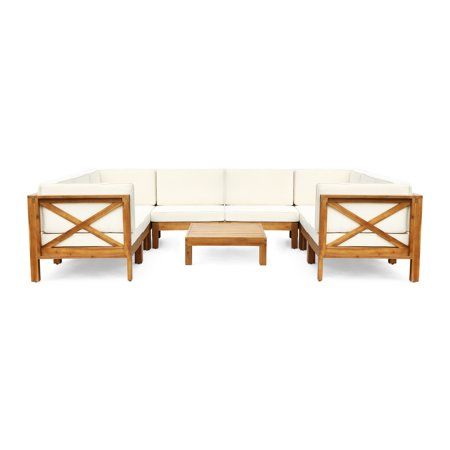 Keith Outdoor Acacia Wood 8 Seater U-Shaped Sectional Sofa Set with Coffee Table Teak and Beige | Walmart (US)