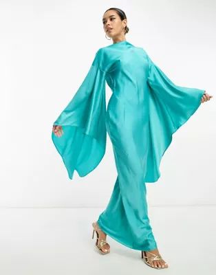 ASOS DESIGN satin maxi dress with extreme drape sleeve and open back in turquoise | ASOS (Global)