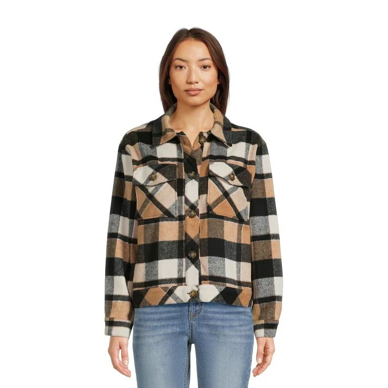 Time and Tru Women’s Plaid Button Down Cropped Shacket, Sizes XS-XXXL | Walmart (US)