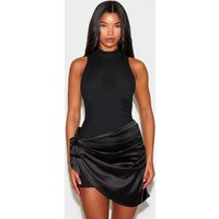 Black Woven High Neck Satin Drape Mini Dress | PrettyLittleThing US