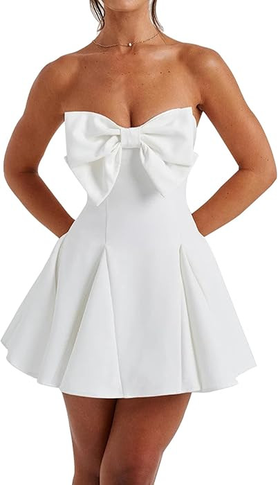 Women's Sexy Summer A-Line Strapless Bow Dress Sleeveless Ruffle Hem High Waist Mini Dress | Amazon (US)