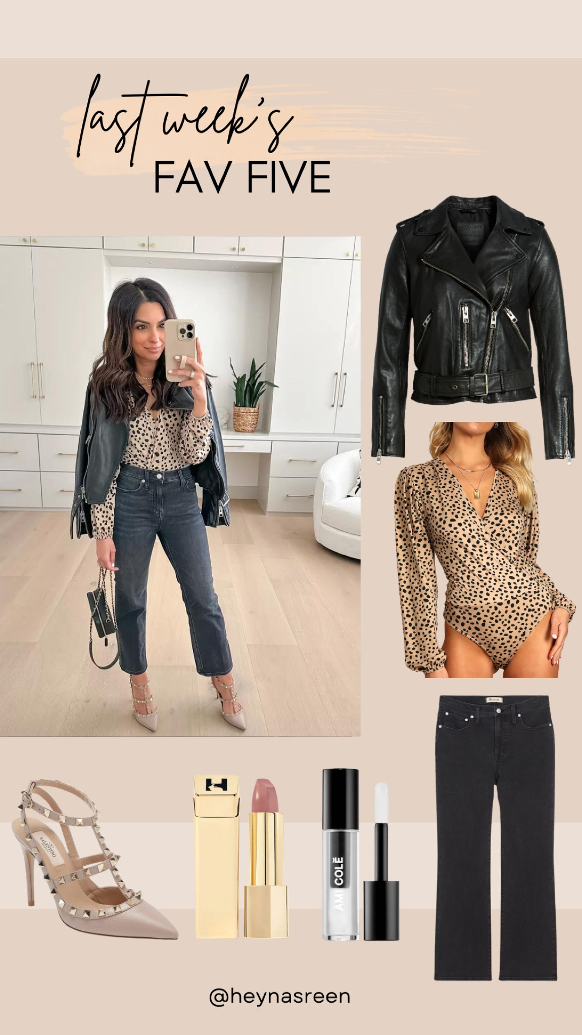 Fav 5 featuring All Saints leather jacket, Lulus bodysuit, Madewell jeans, Hourglass lipstick (alphine), Ami Cole lip oil (clear) 

#LTKstyletip #LTKbeauty