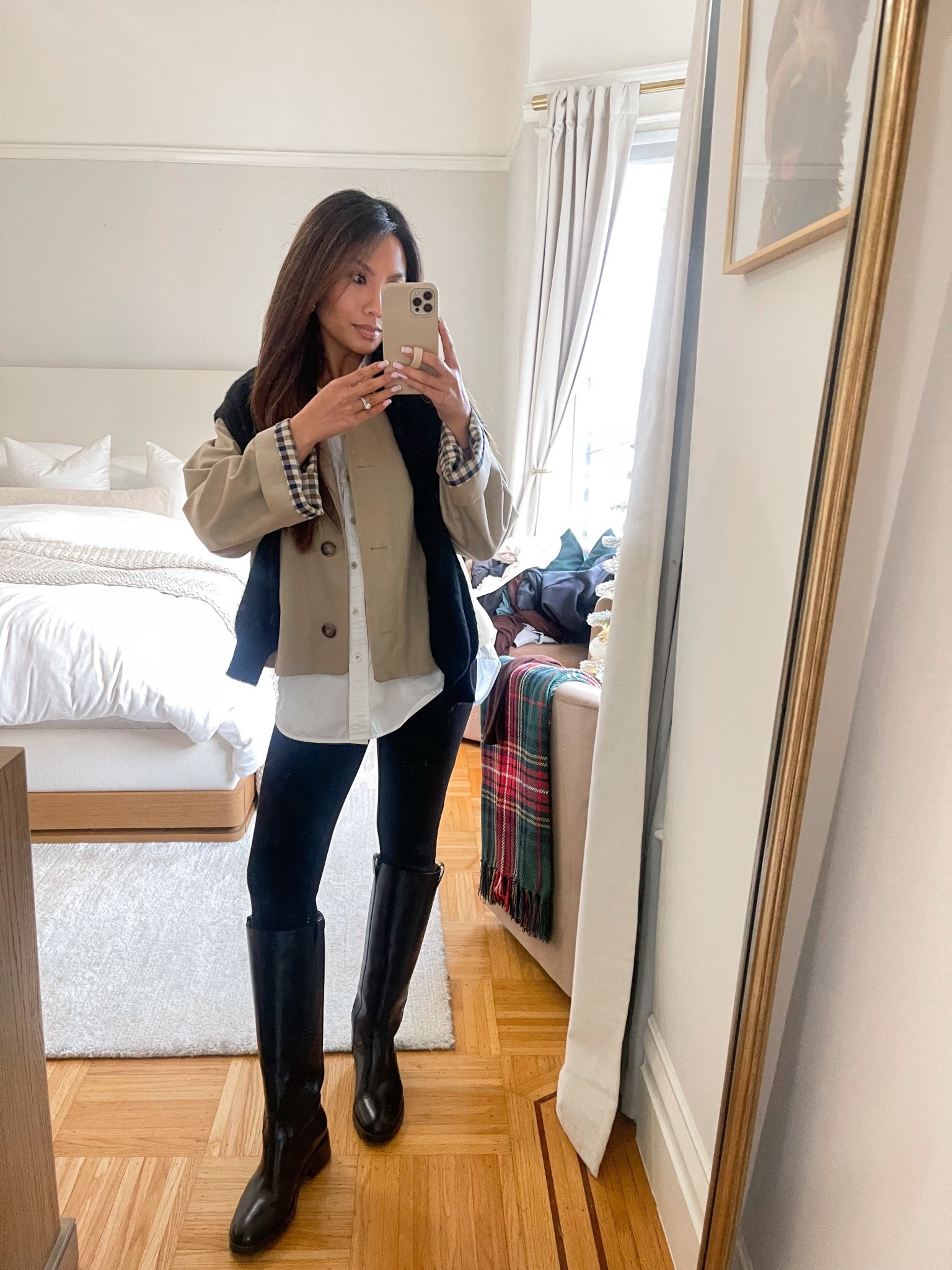 Cute way to style your riding boots and cropped trench! ☺️ my poplin shirt is sold out so I linked a similar one! 

Sizing:
Cropped trench - tts, 2
Sweater - sized up to S for more oversized fit
Shirt - tts, XS oversized fit (sold out in white so linked exact plus similar)
Leggings - tts, xs petite
Boots - true to size, also linked an affordable version

#LTKootd #LTKPetite