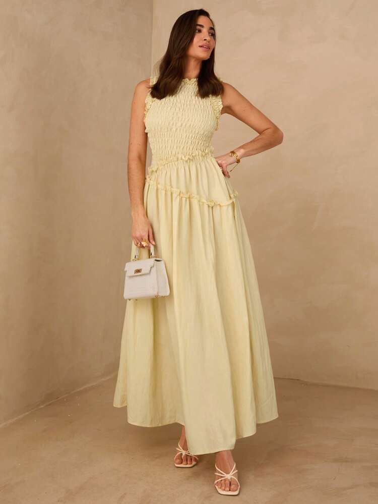Spring/Summer New Style Yellow Sleeveless Elastic Waist Romantic Dress, Summer Vacation Outfit, Yellow Dress, Valentine's Day Dress, Elegant Women's Dress, Sundress, Vacation & Leisure & Afternoon Tea | SHEIN