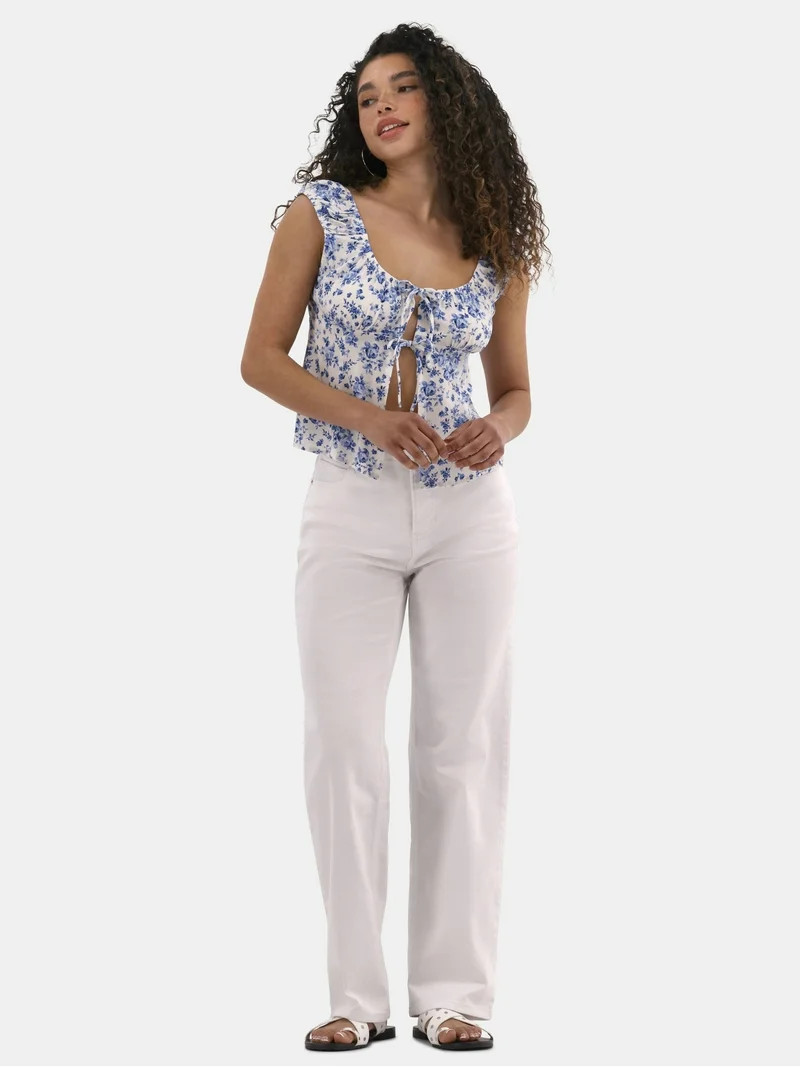 No Boundaries Tie Front Peasant Top, Women's | Walmart (US)