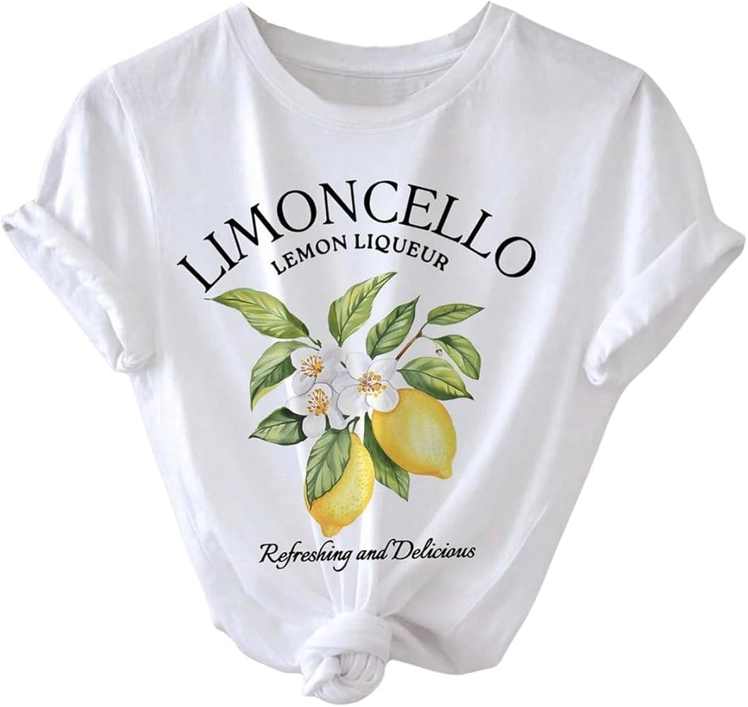 SweatyRocks Women's Lemon Shirts Letter Fruit Printed Graphic Tees Short Sleeve Casual T-Shirt | Amazon (US)