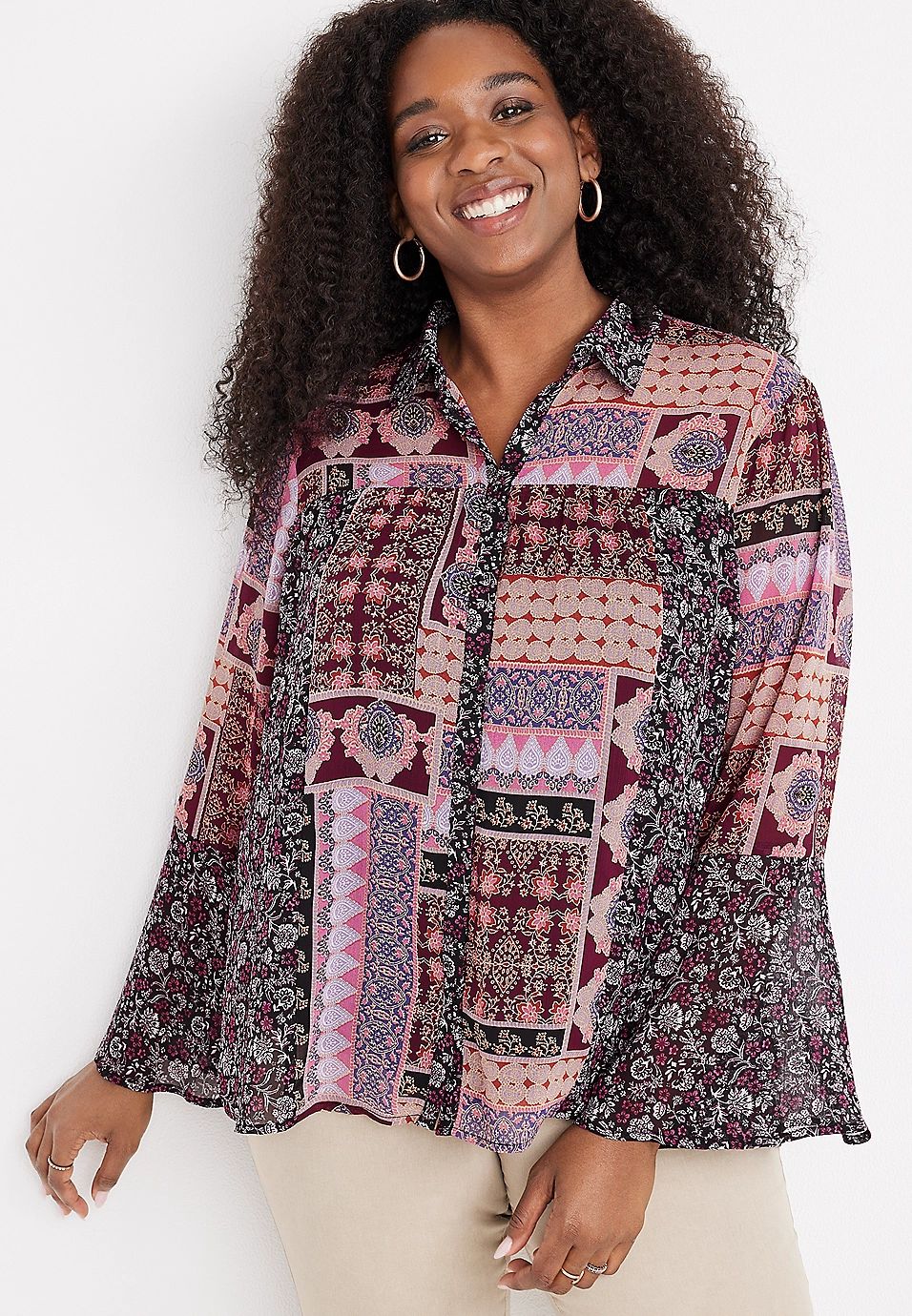 Plus Size Patchwork Bell Sleeve Blouse | Maurices