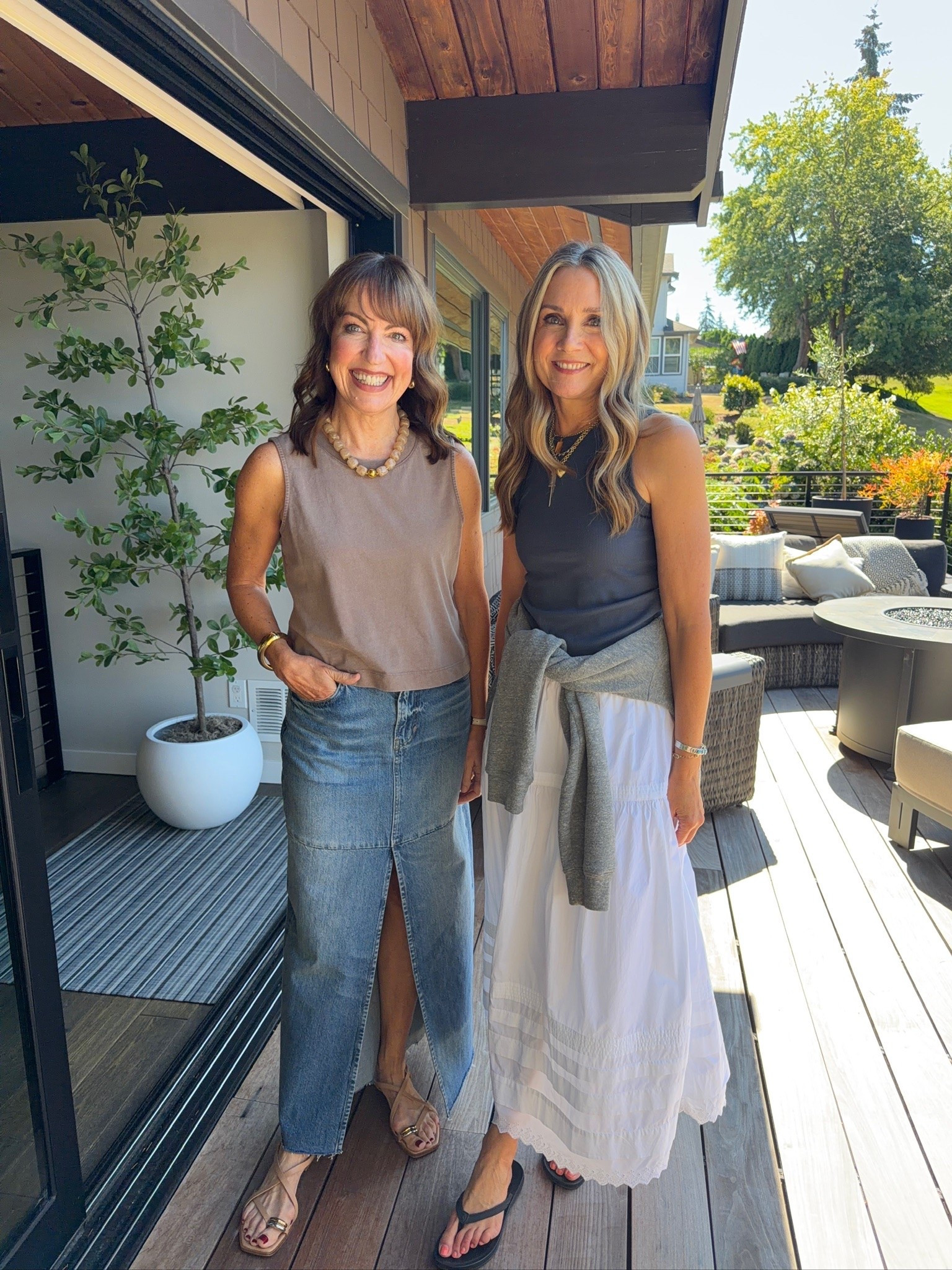 No big surprise we’re usually on the same fashion wavelength, and this day we both showed up in maxi skirts! Denim maxi skirts kind of went away for awhile, but we’re starting to see them again this fall. Glad I kept mine, and I linked some cute ones for you to shop. Julie’s white maxi skirt has been a summer staple, and she can bring it into early fall with a lightweight sweater!

#LTKgrwm #LTKootd #LTKSeasonal