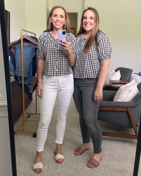 @oldnavy everyday spring gingham top (wearing size XS and L) with white and gray skinny jeans and sandals 

#LTKtravel #LTKunder50 #LTKSeasonal