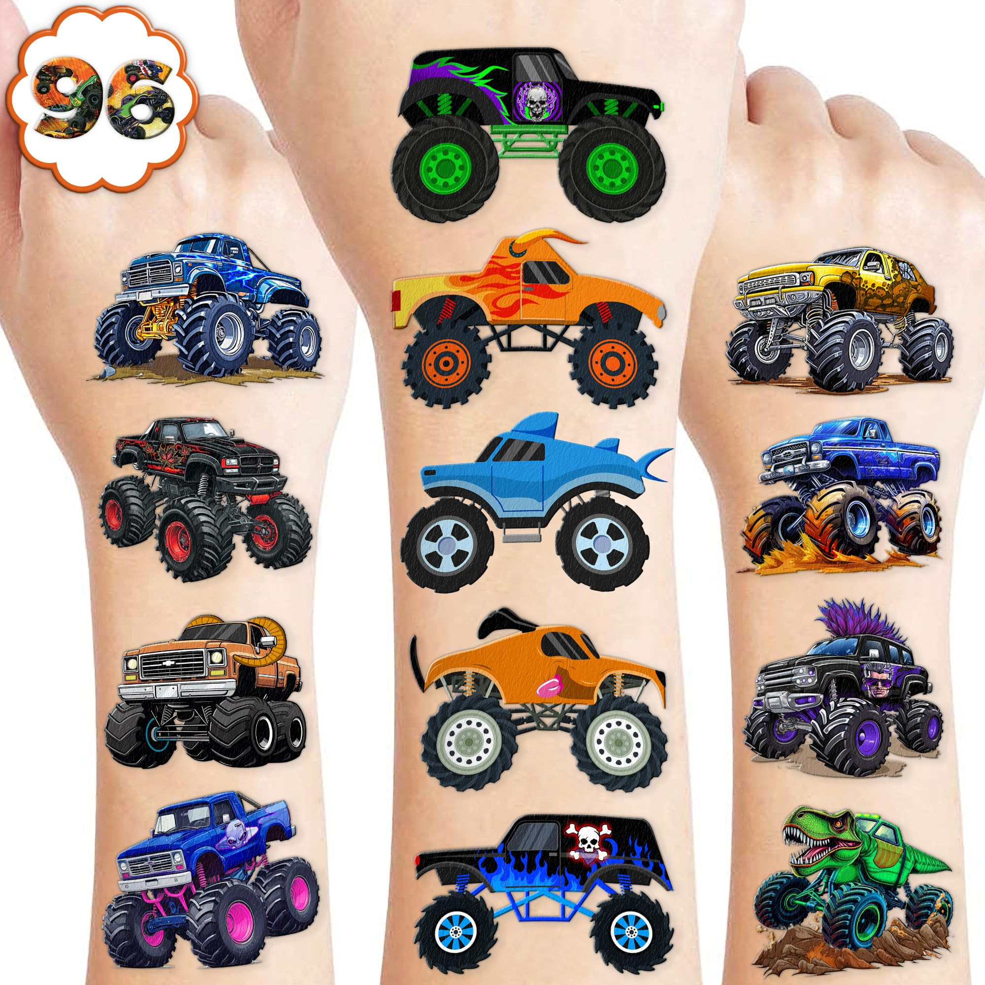 96 PCS Monster Truck Race Car Pre-Cut Temporary Tattoos for Kids | Super Cute Themed Birthday Par... | Amazon (US)