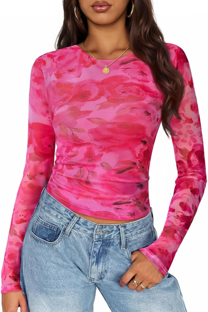 ZESICA Womens Floral Mesh Going Out Tops Fall Long Sleeve Crewneck Slim Fit Ruched Y2k Shirts Bea... | Amazon (US)
