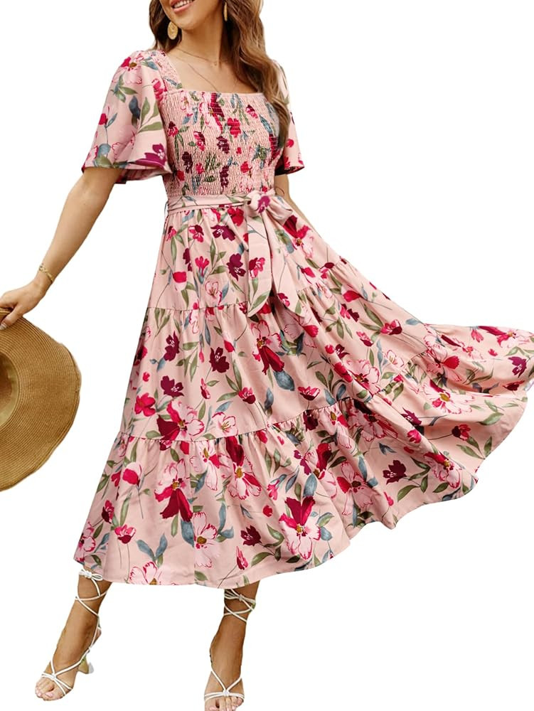 Amegoya Women's Boho Flowy Long Sleeve Square Neck Floral Midi Dress Smocked Spring Fall Wedding ... | Amazon (US)