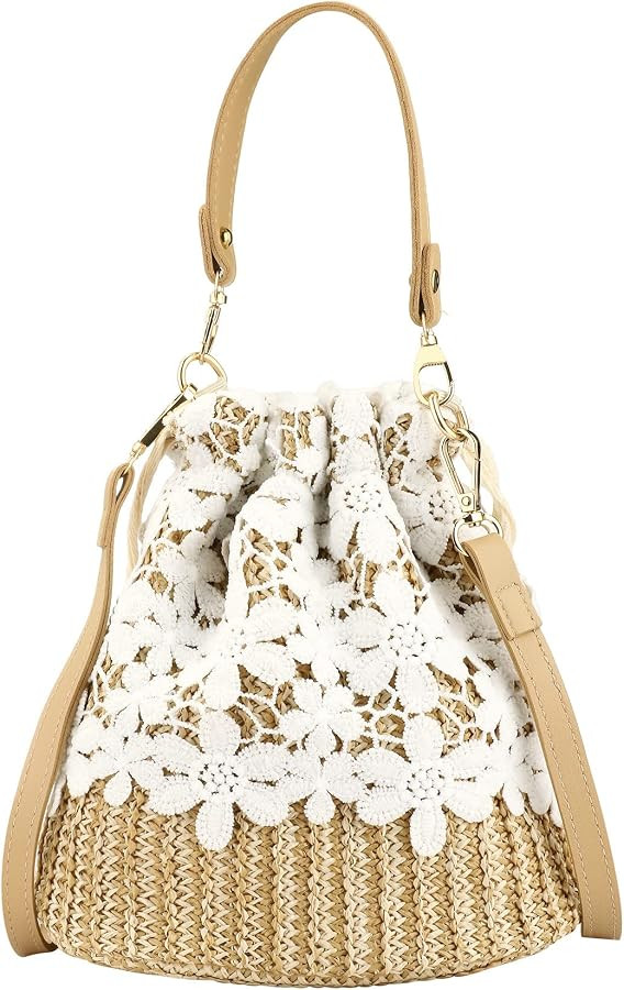 Bamboo Handbag, Beach Purse Bag Half Moon Bag, Straw Lace Woven Travel Sling Bag Shoulder Crossbo... | Amazon (US)