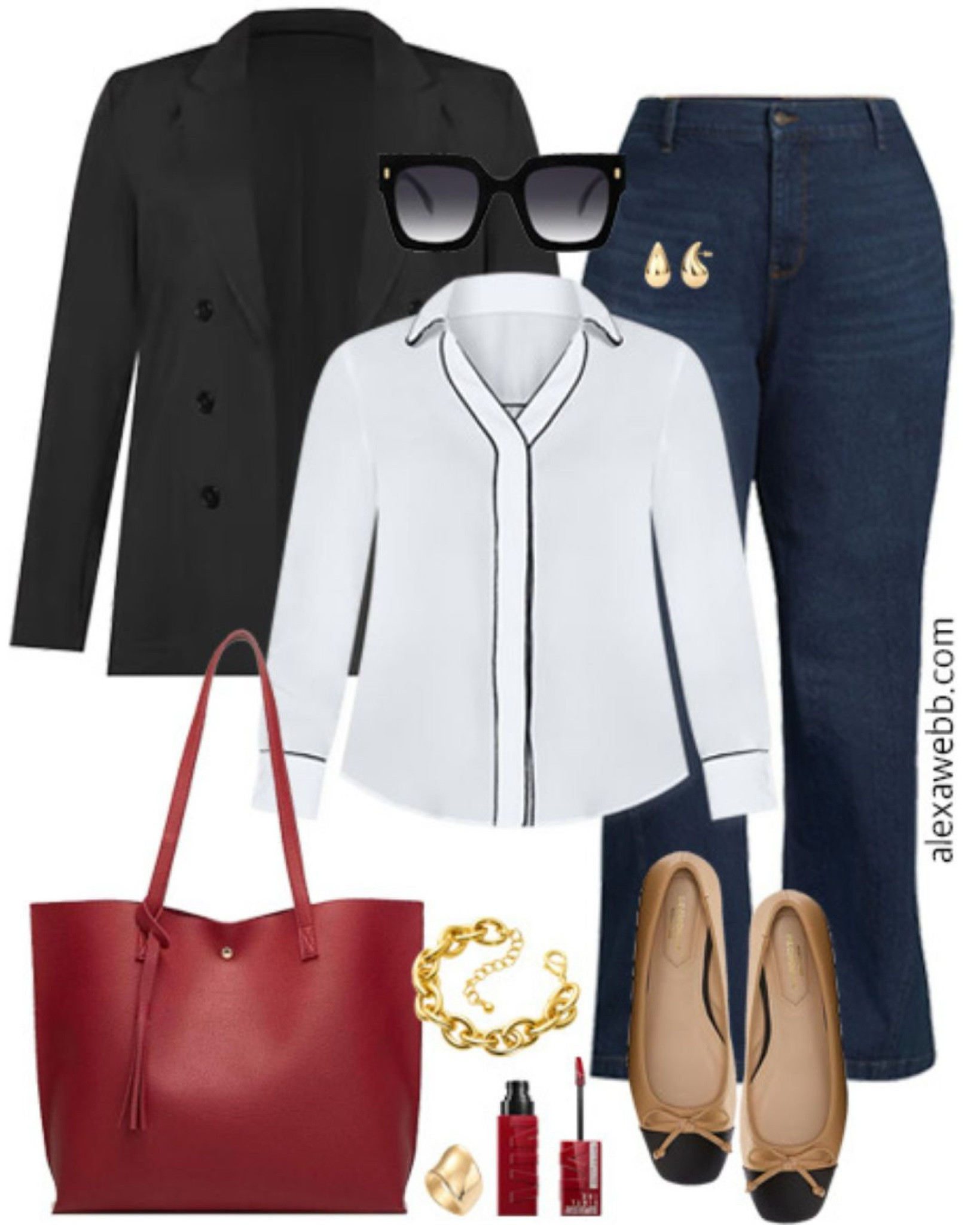 Plus Size Teacher Outfits 2024 - Part 1 - A plus size business casual outfit for teachers heading back to school this fall. A plus size black blazer, blouse, trouser jeans, cap toe flats, and a red tote bag. Alexa Webb

#LTKPlusSize #LTKStyleTip #LTKShoeCrush